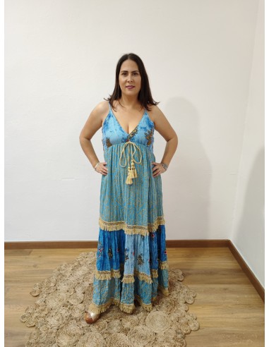 Vestido largo lino flecos y pedrería