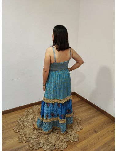 Vestido largo lino flecos y pedrería